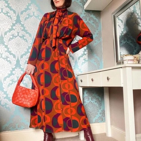 ZARA PRINT MIDI DRESS HIGH COLLAR SELF TIE - Picture 4 of 7